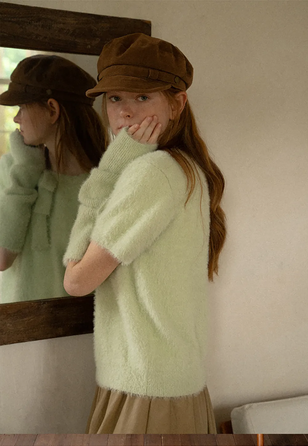 Fuzzy Bow Front Ribbed Turtleneck Sweater
