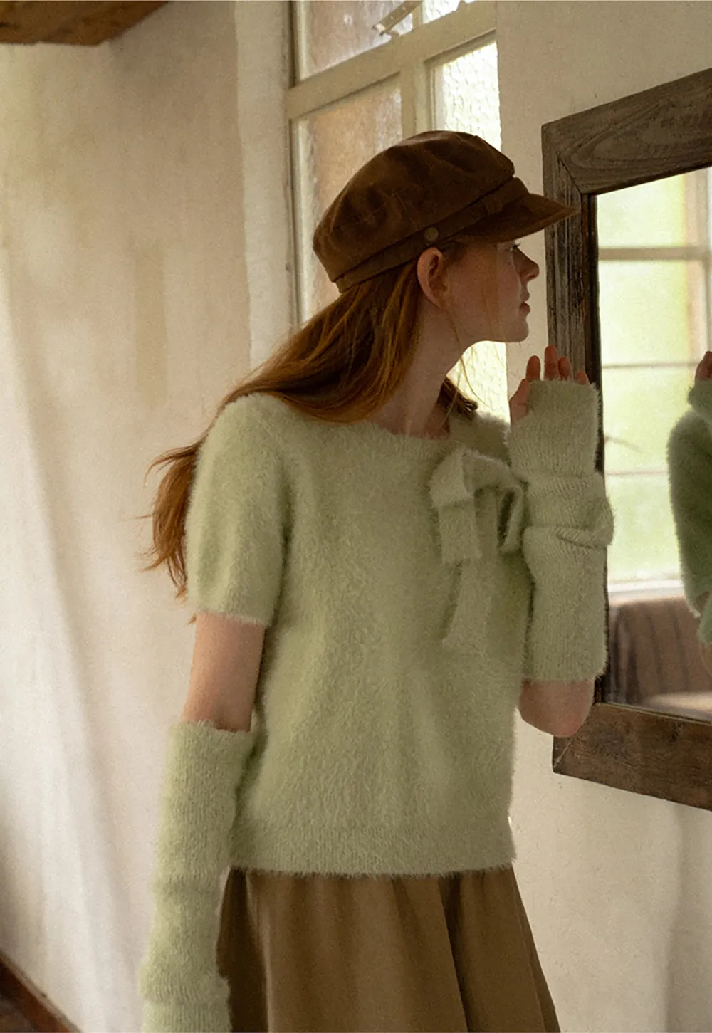Fuzzy Bow Front Ribbed Turtleneck Sweater