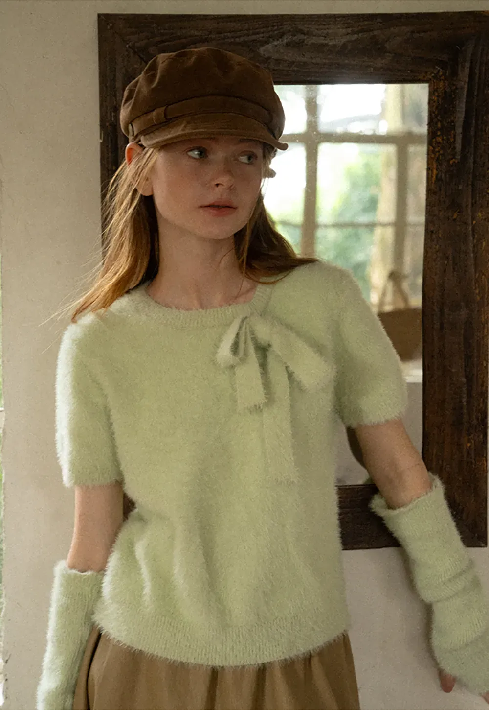 Fuzzy Bow Front Ribbed Turtleneck Sweater