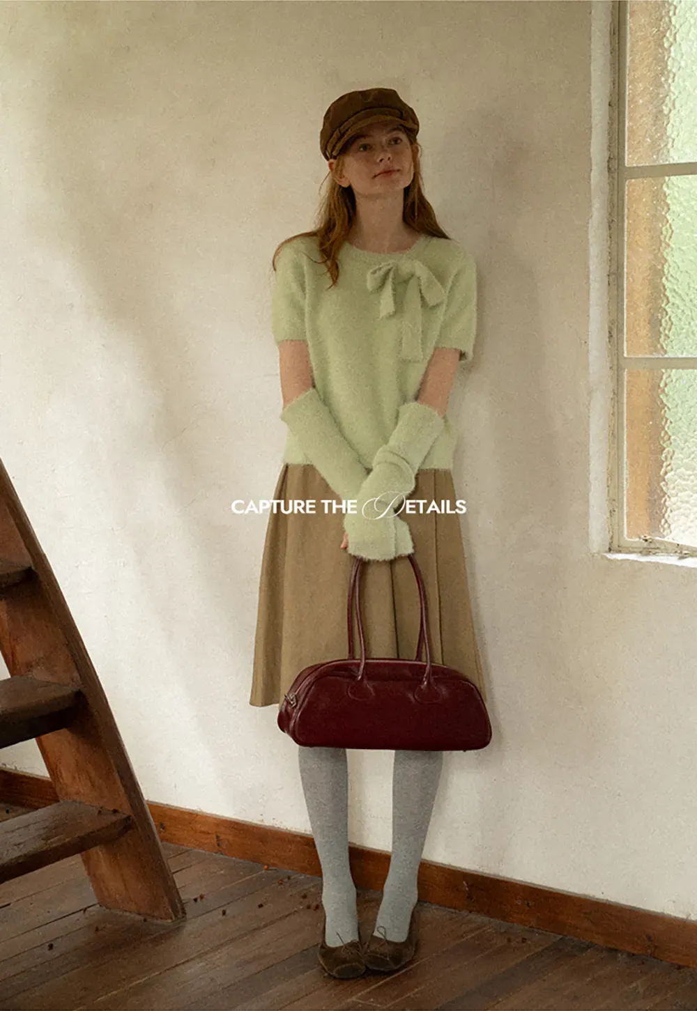 Fuzzy Bow Front Ribbed Turtleneck Sweater