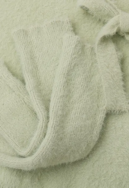 Fuzzy Bow Front Ribbed Turtleneck Sweater
