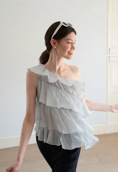 Asymmetrical Ruffle One Shoulder Tank Top