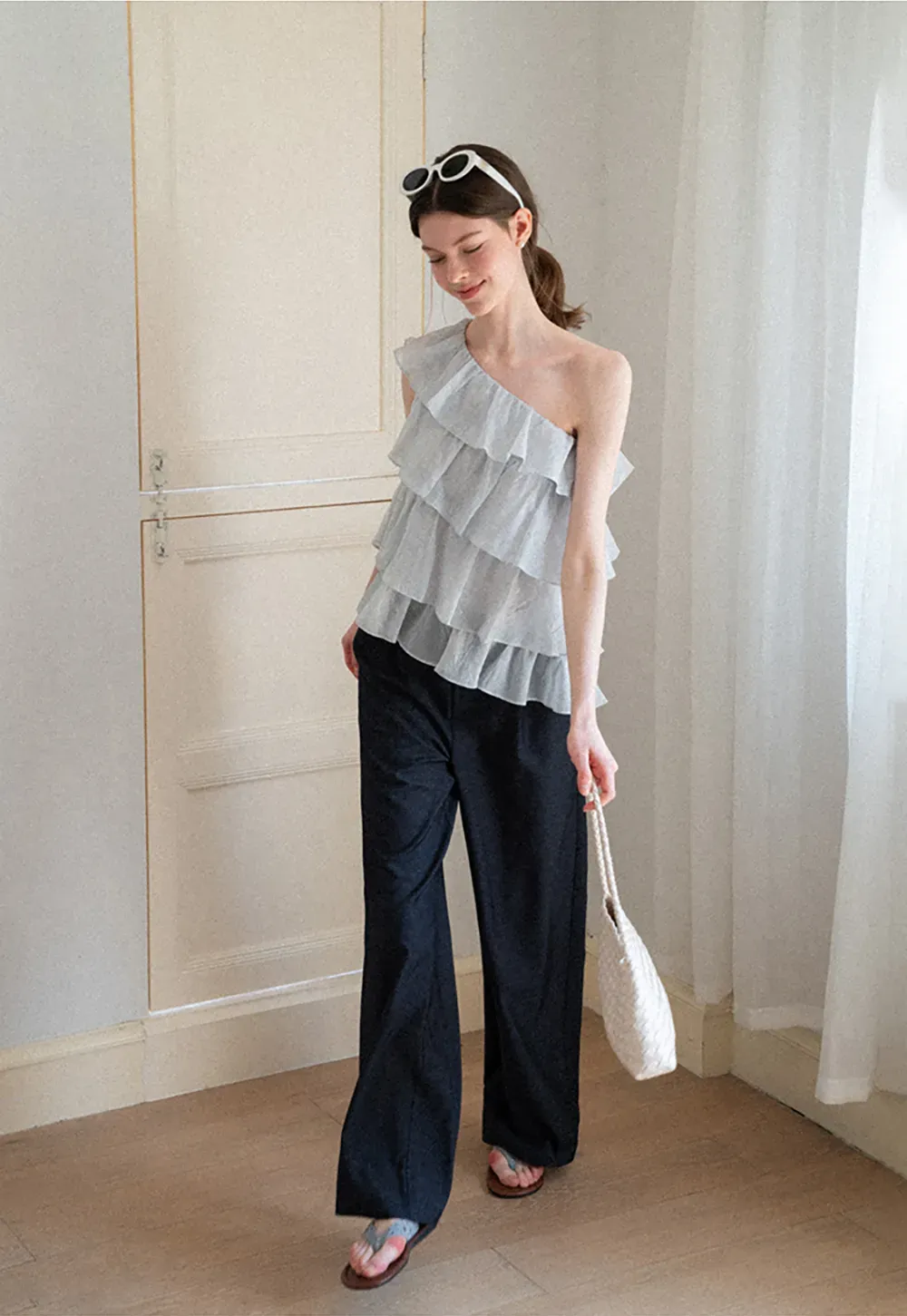 Asymmetrical Ruffle One Shoulder Tank Top