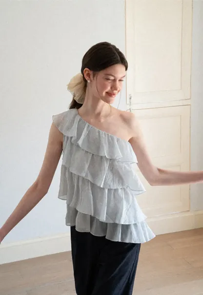 Asymmetrical Ruffle One Shoulder Tank Top