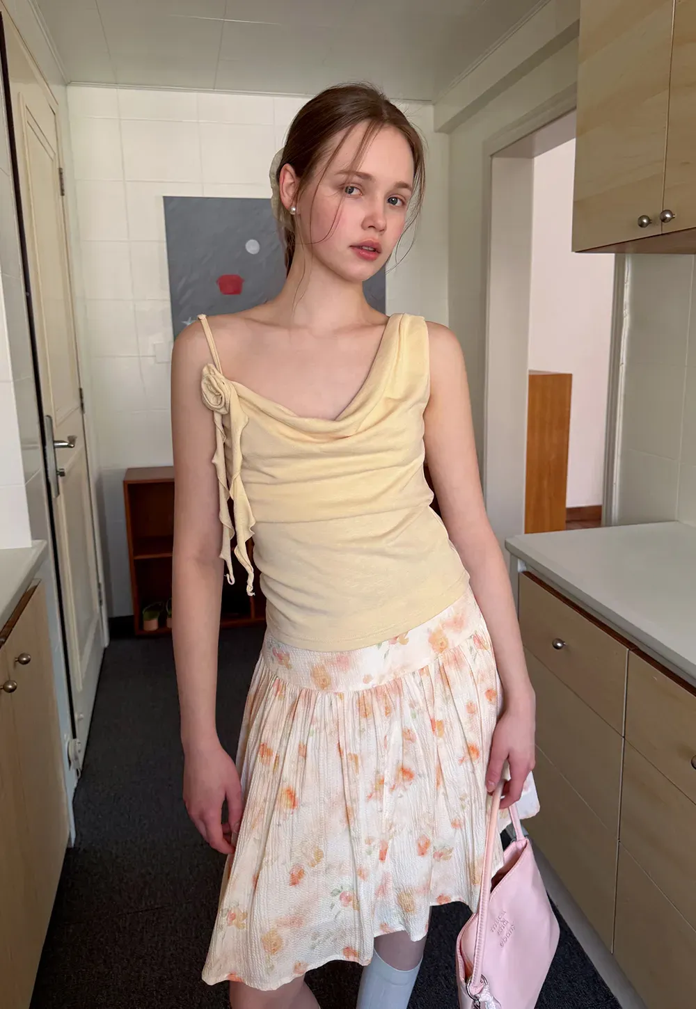 Asymmetrical draped tank top with tie detail