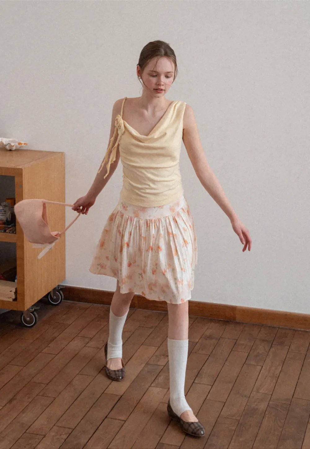 Asymmetrical draped tank top with tie detail