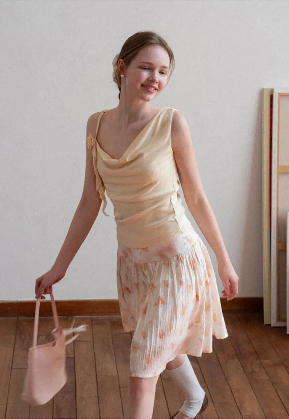 Asymmetrical draped tank top with tie detail