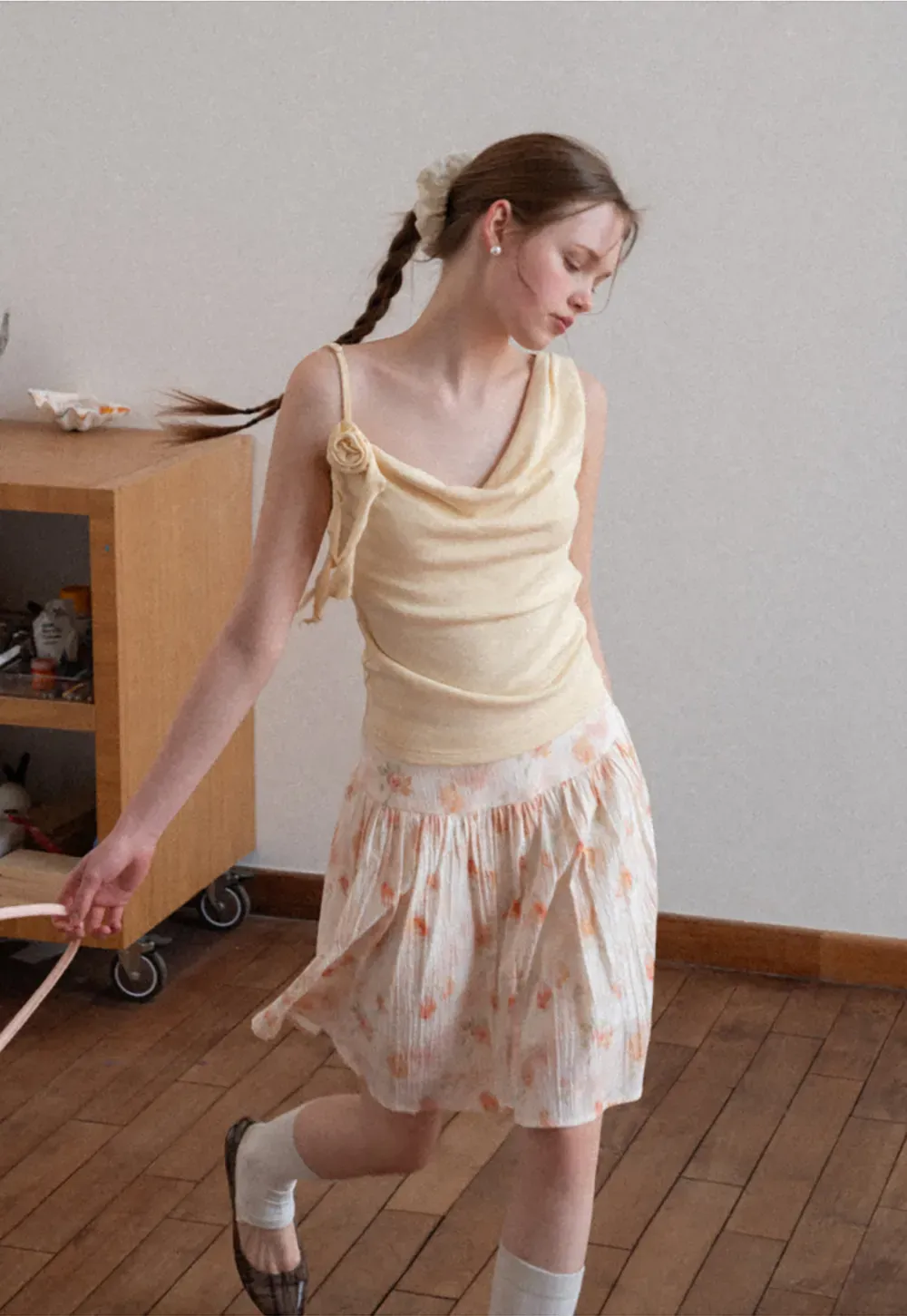 Asymmetrical draped tank top with tie detail