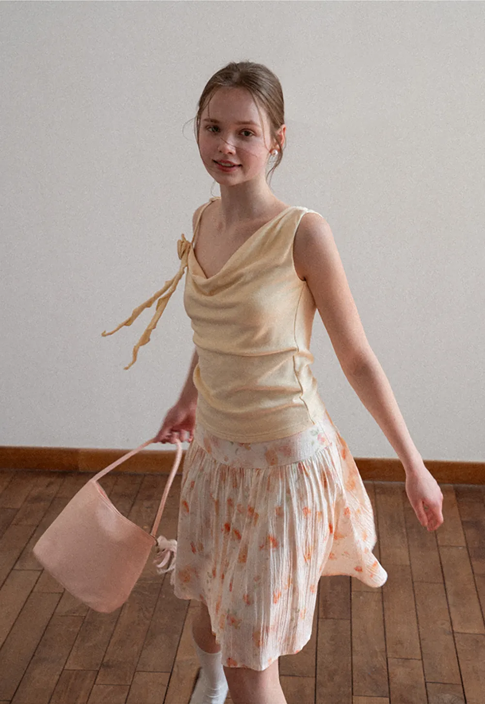 Asymmetrical draped tank top with tie detail