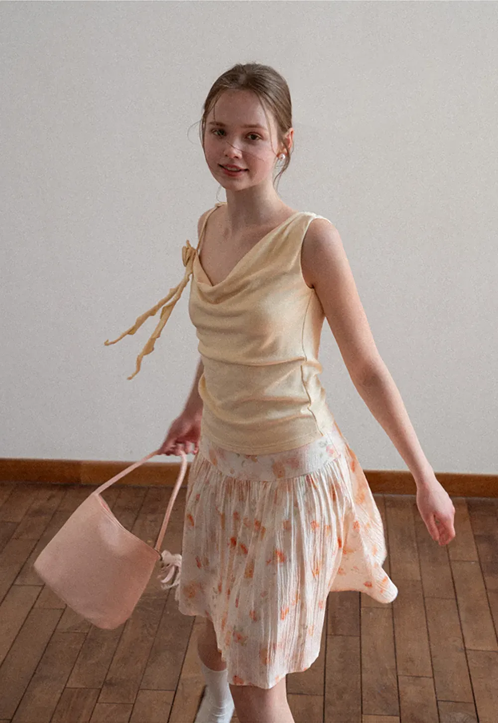 Asymmetrical draped tank top with tie detail