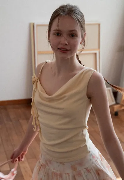 Asymmetrical draped tank top with tie detail