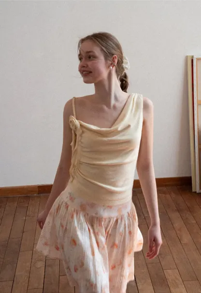 Asymmetrical draped tank top with tie detail