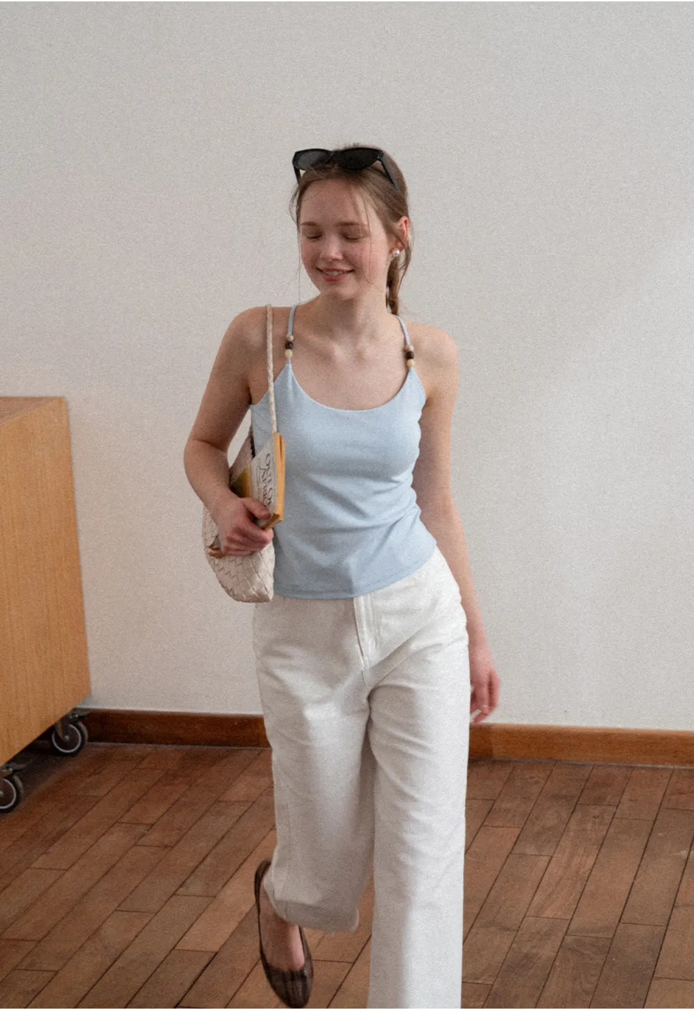 Thin Strap Tank Top with Beaded Shoulder Details