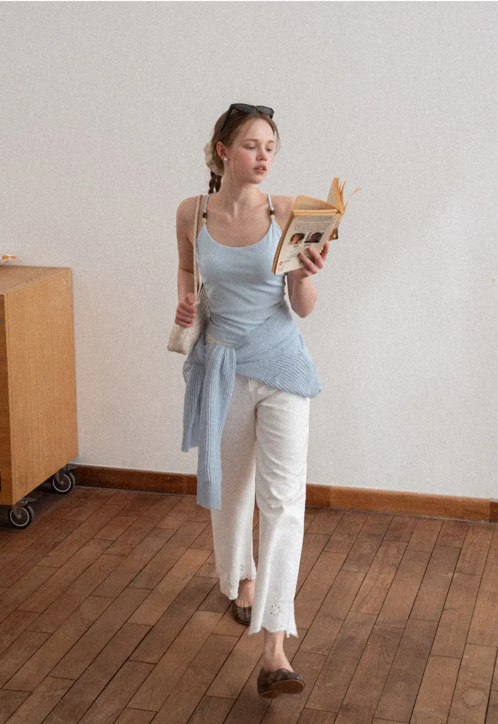 Thin Strap Tank Top with Beaded Shoulder Details