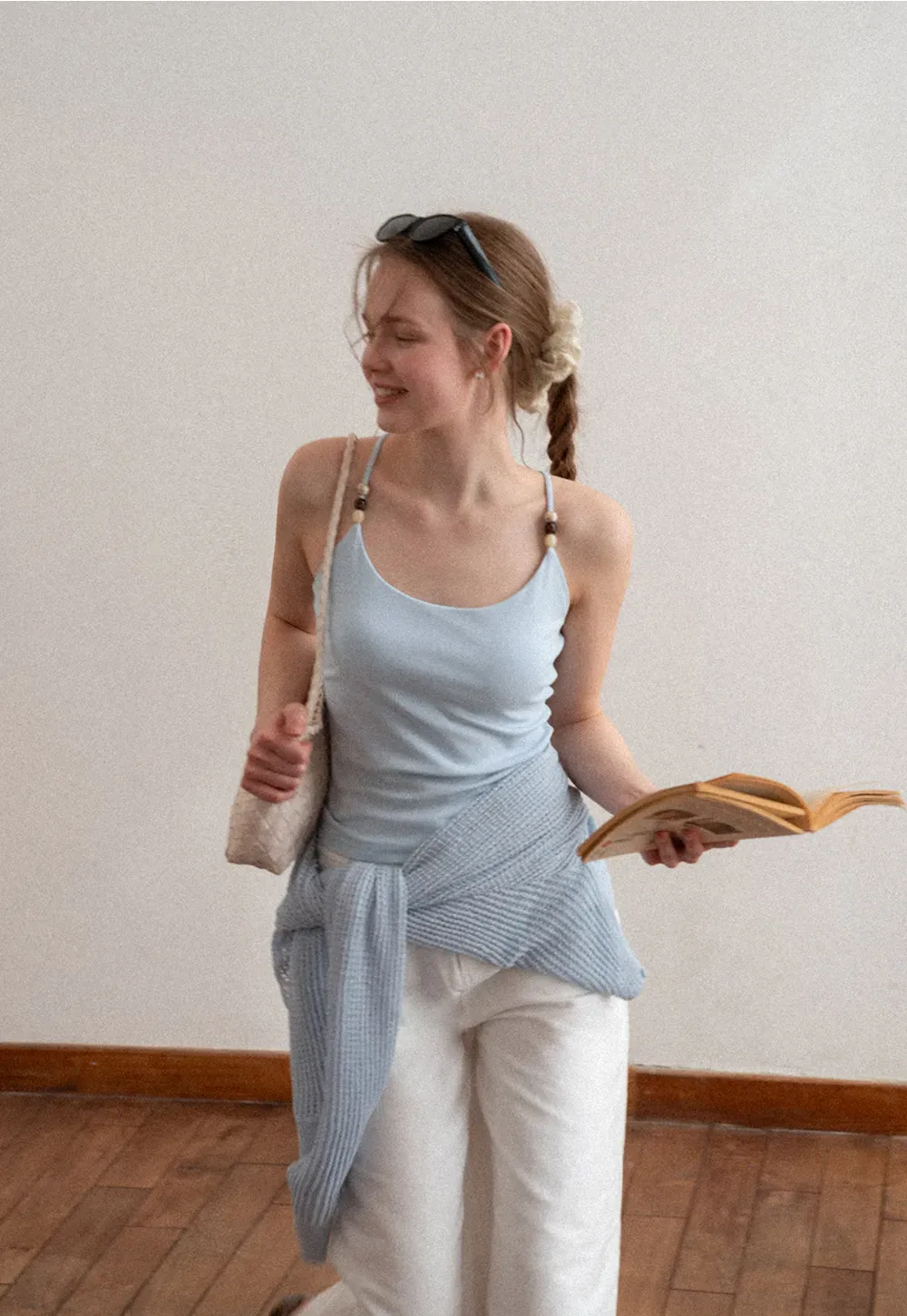 Thin Strap Tank Top with Beaded Shoulder Details