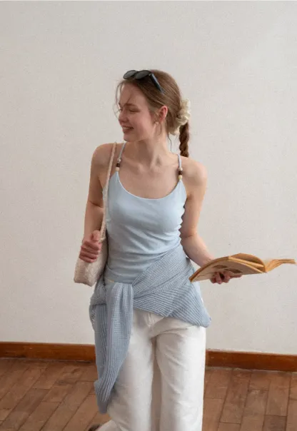 Thin Strap Tank Top with Beaded Shoulder Details