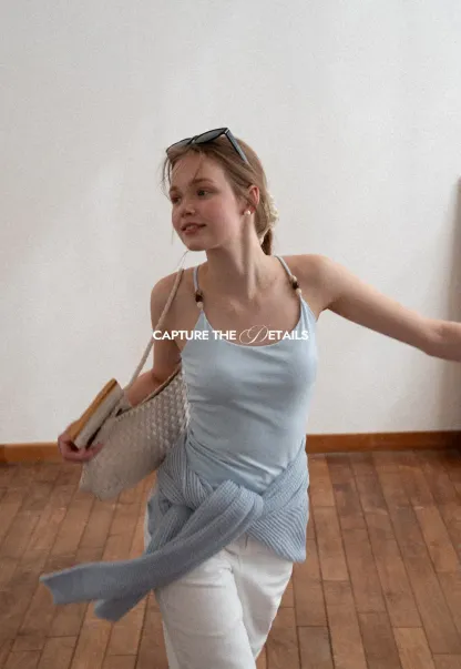 Thin Strap Tank Top with Beaded Shoulder Details