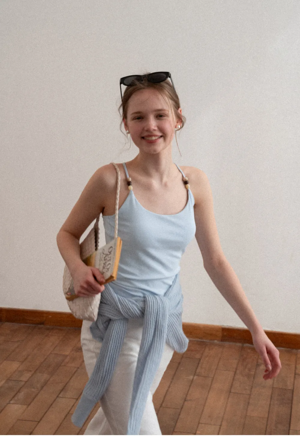 Thin Strap Tank Top with Beaded Shoulder Details