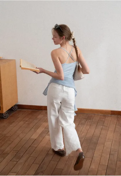 Thin Strap Tank Top with Beaded Shoulder Details