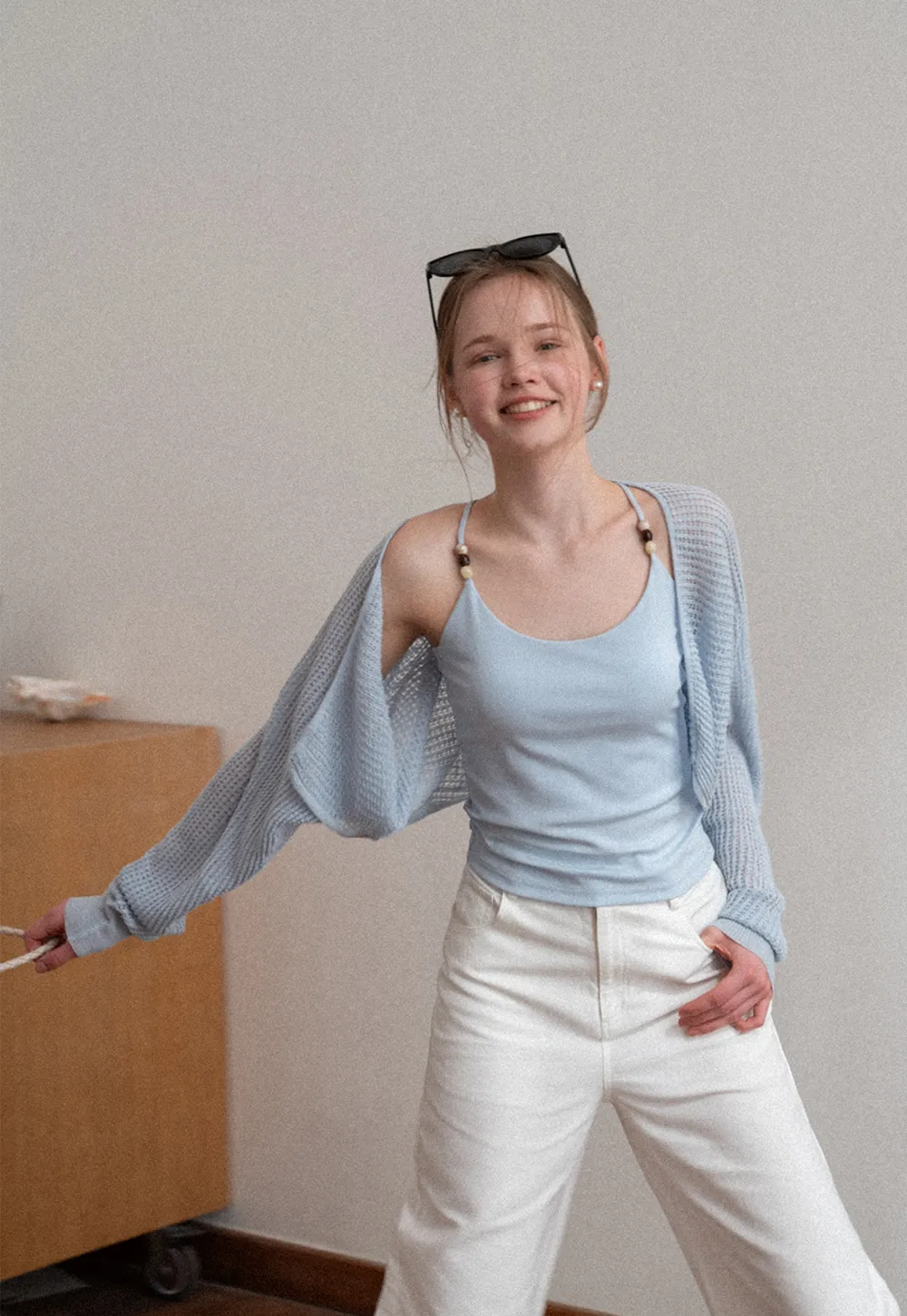 Thin Strap Tank Top with Beaded Shoulder Details