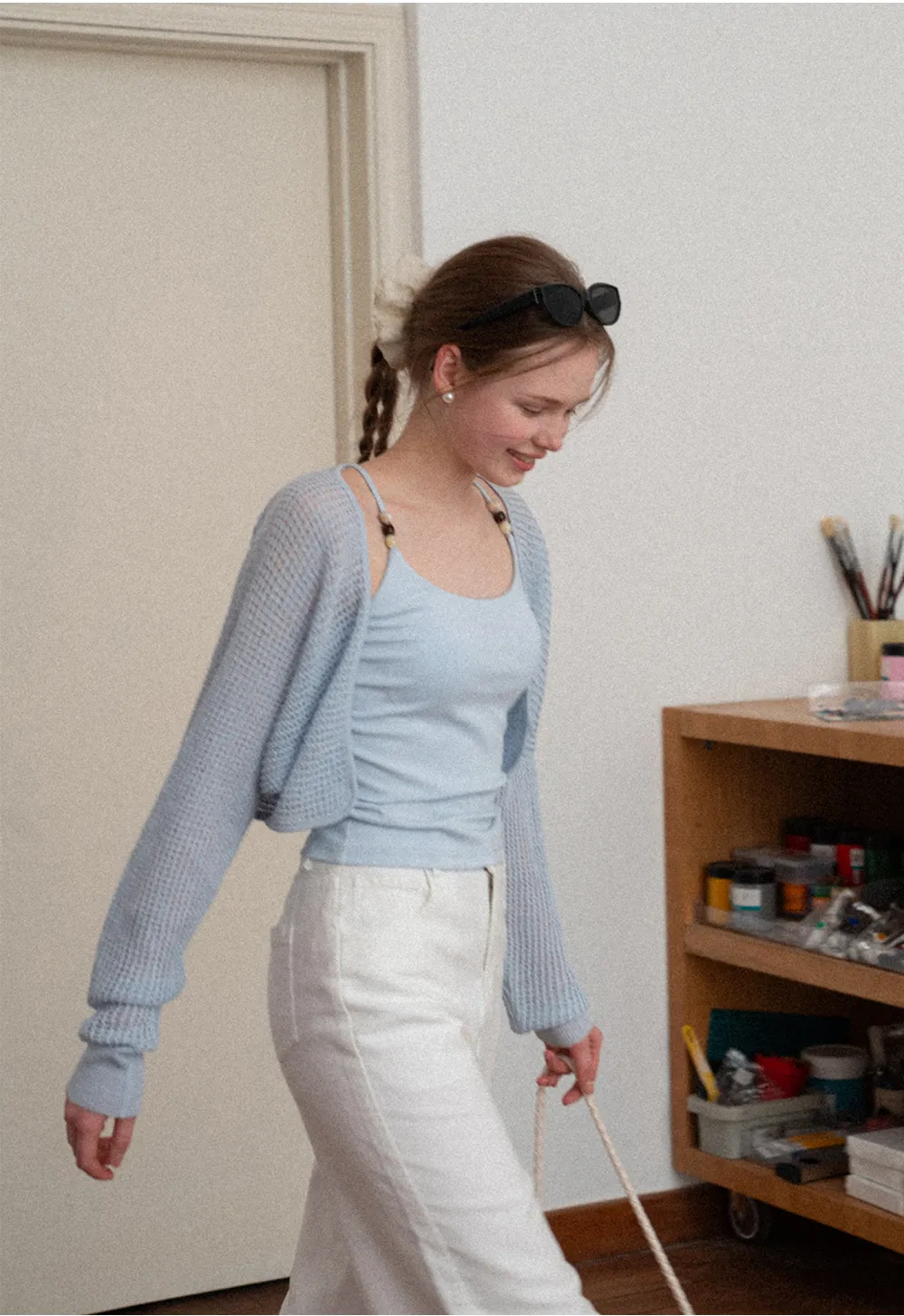 Thin Strap Tank Top with Beaded Shoulder Details