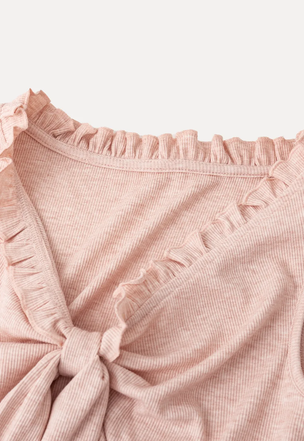 Ribbed Tank Top with Ruffled V Neck and Front Tie