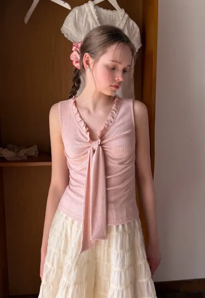 Ribbed Tank Top with Ruffled V Neck and Front Tie