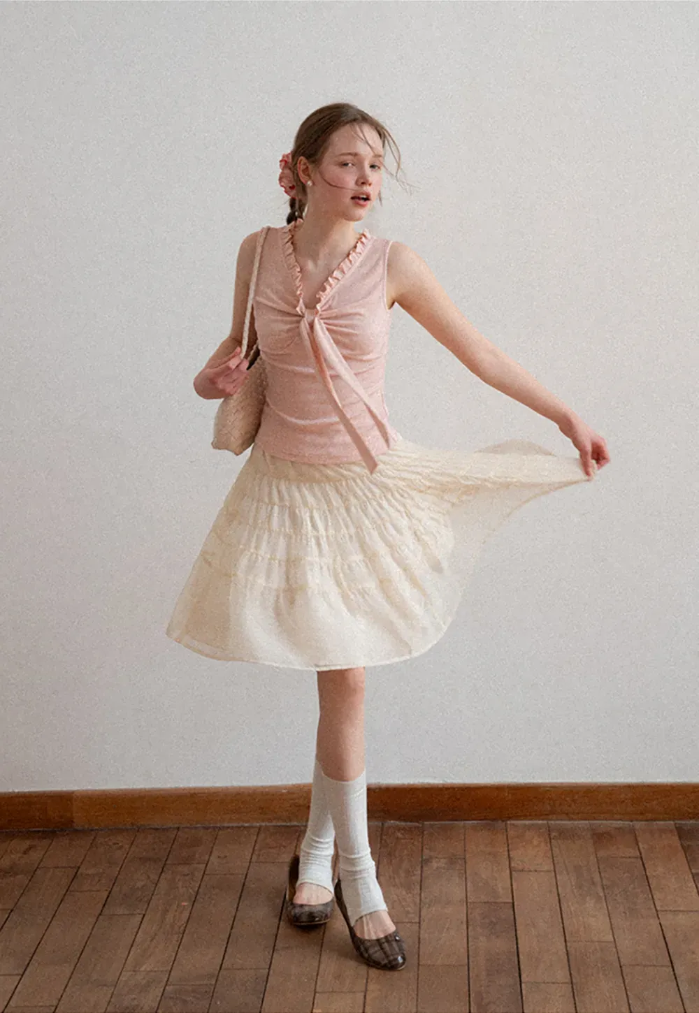 Ribbed Tank Top with Ruffled V Neck and Front Tie