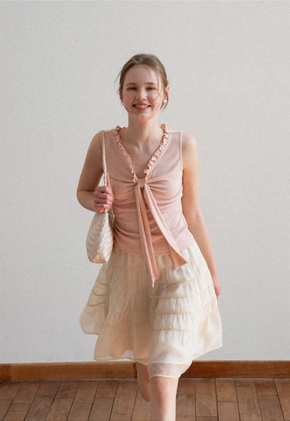 Ribbed Tank Top with Ruffled V Neck and Front Tie