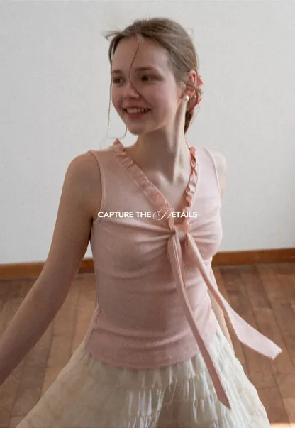 Ribbed Tank Top with Ruffled V Neck and Front Tie