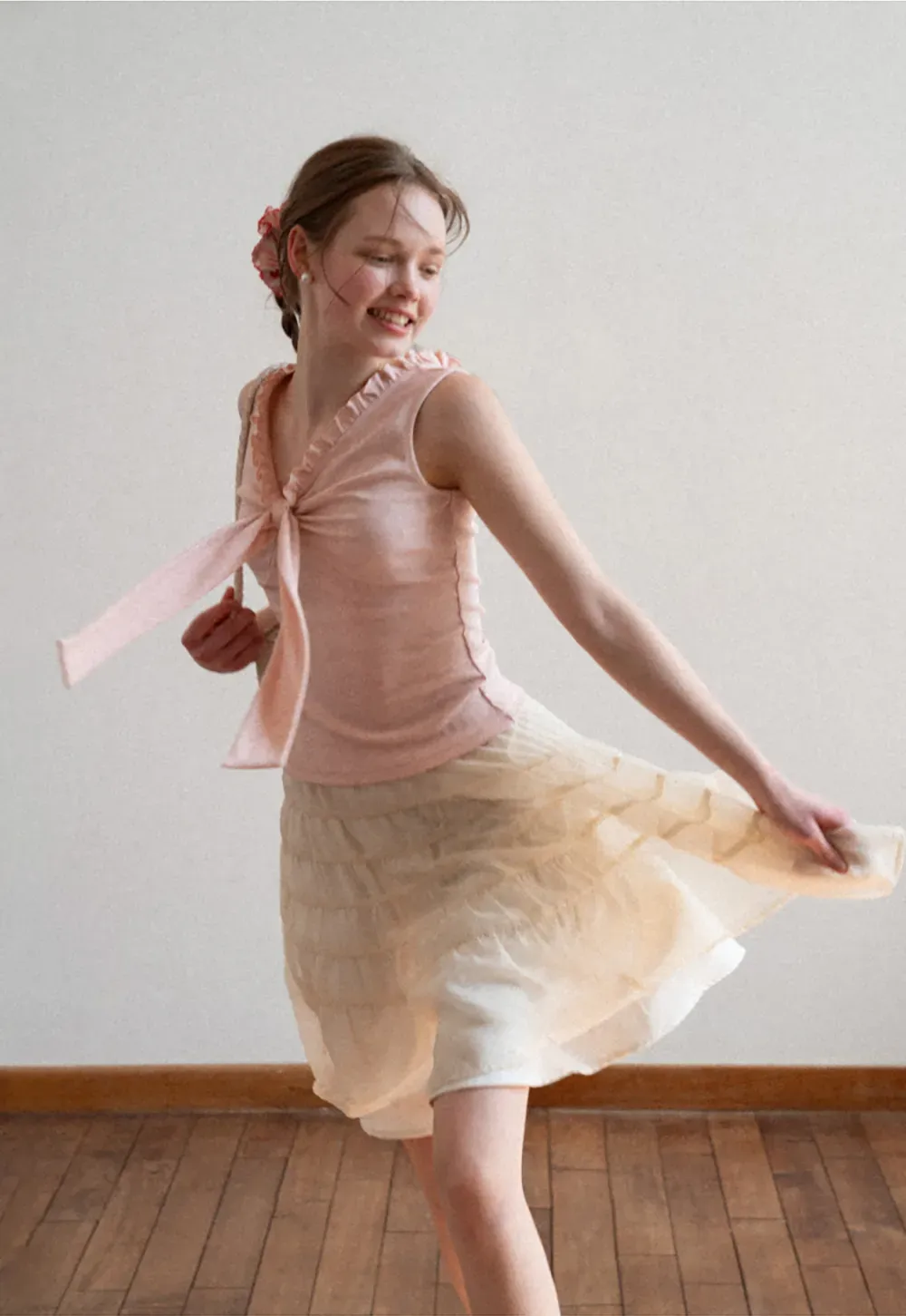 Ribbed Tank Top with Ruffled V Neck and Front Tie