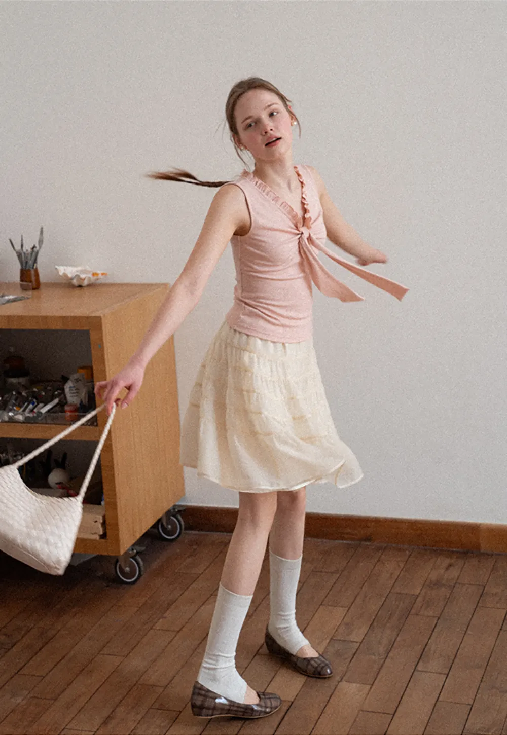 Ribbed Tank Top with Ruffled V Neck and Front Tie