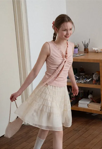 Ribbed Tank Top with Ruffled V Neck and Front Tie