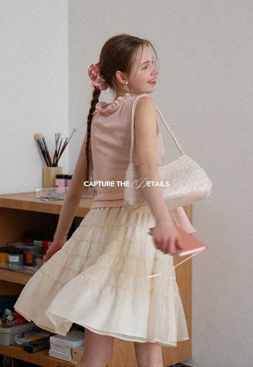 Ribbed Tank Top with Ruffled V Neck and Front Tie