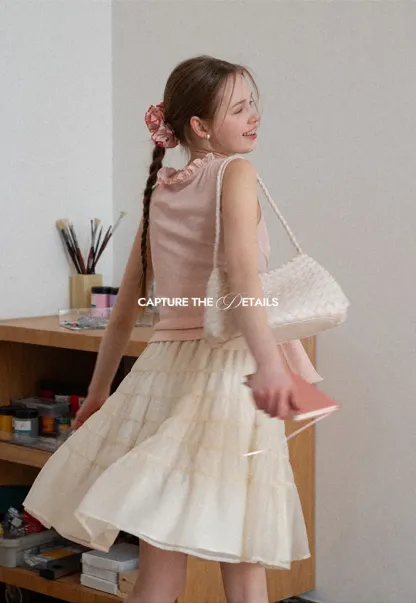 Ribbed Tank Top with Ruffled V Neck and Front Tie