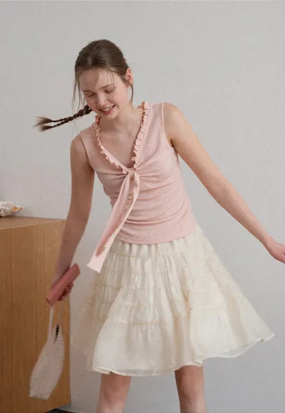 Ribbed Tank Top with Ruffled V Neck and Front Tie