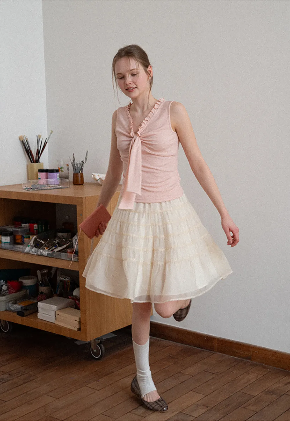 Ribbed Tank Top with Ruffled V Neck and Front Tie