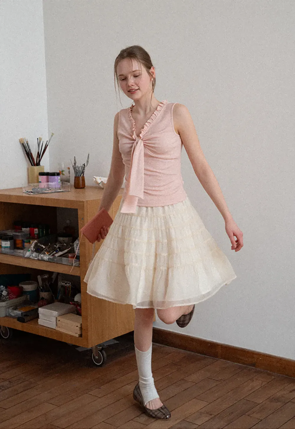 Ribbed Tank Top with Ruffled V Neck and Front Tie