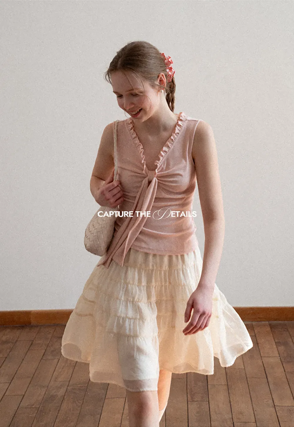 Ribbed Tank Top with Ruffled V Neck and Front Tie