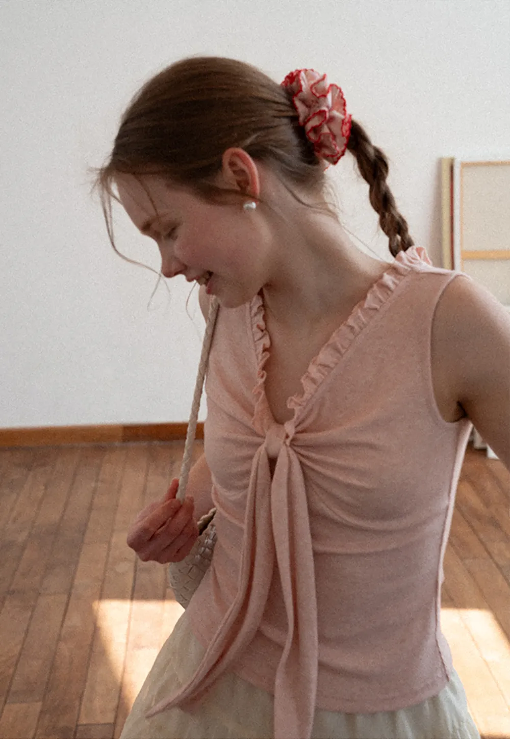 Ribbed Tank Top with Ruffled V Neck and Front Tie