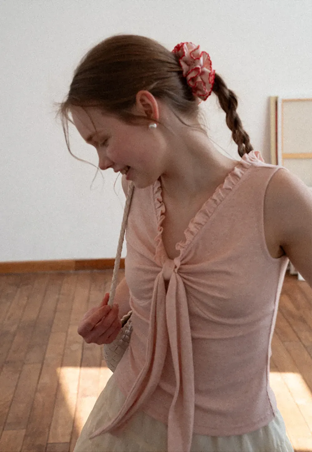 Ribbed Tank Top with Ruffled V Neck and Front Tie