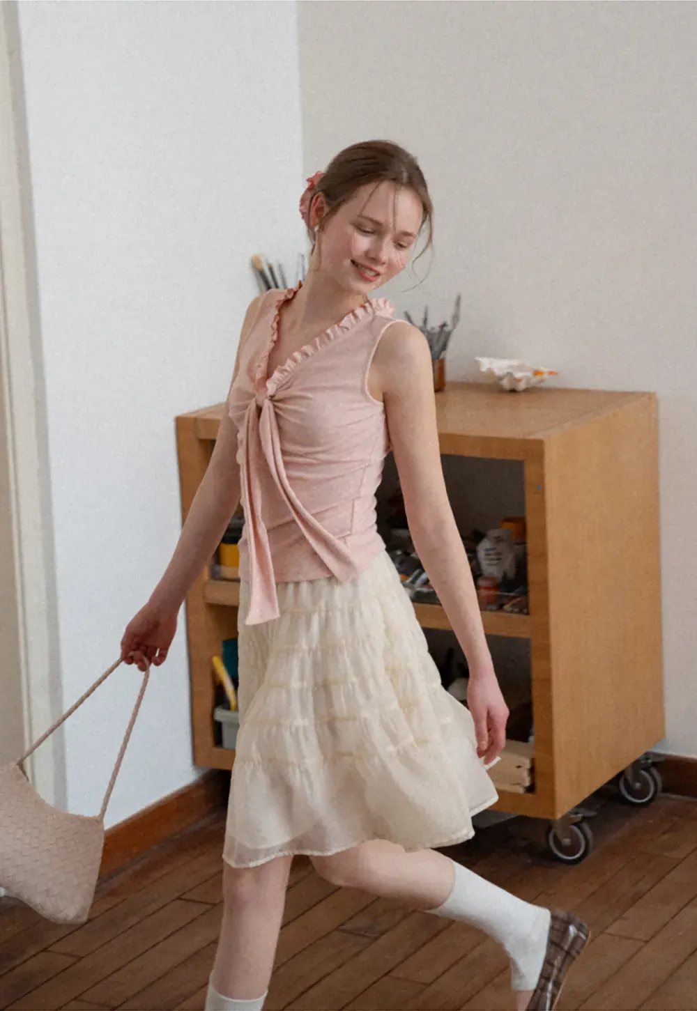 Ribbed Tank Top with Ruffled V Neck and Front Tie