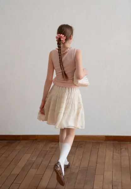 Ribbed Tank Top with Ruffled V Neck and Front Tie