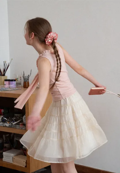 Ribbed Tank Top with Ruffled V Neck and Front Tie