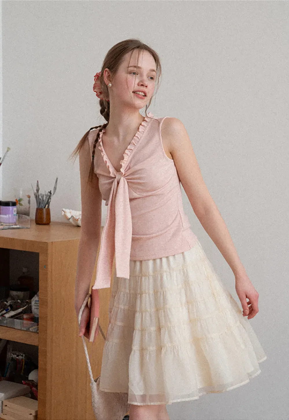 Ribbed Tank Top with Ruffled V Neck and Front Tie