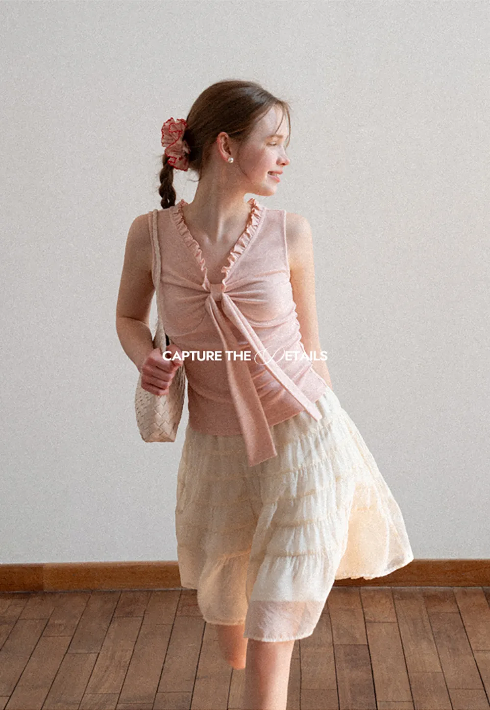 Ribbed Tank Top with Ruffled V Neck and Front Tie