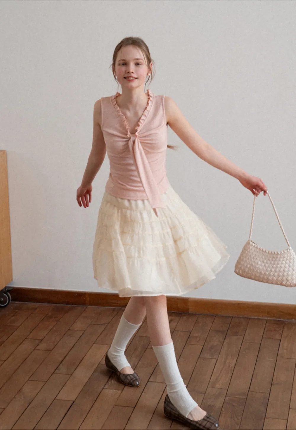 Ribbed Tank Top with Ruffled V Neck and Front Tie