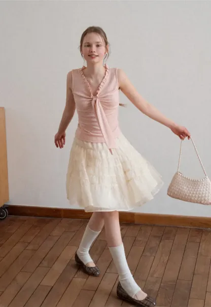 Ribbed Tank Top with Ruffled V Neck and Front Tie