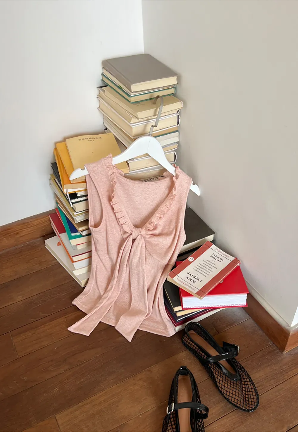 Ribbed Tank Top with Ruffled V Neck and Front Tie