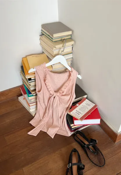 Ribbed Tank Top with Ruffled V Neck and Front Tie